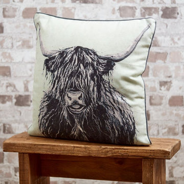 LAUGHING HIGHLAND COW CUSHION GREYSCALE