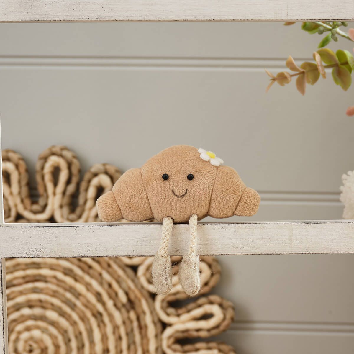 Farmhouse Bunny Polyester Velour Croissant Shelf Sitter with Dangly Legs and Daisy