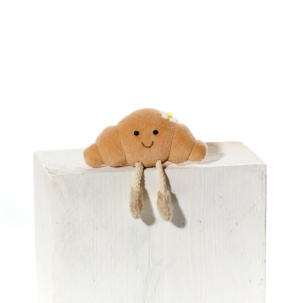 Farmhouse Bunny Polyester Velour Croissant Shelf Sitter with Dangly Legs and Daisy