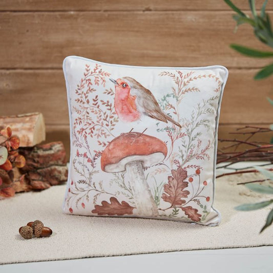 WOODLAND RUSTIC ROBIN CUSHION WHITE VELOUR FABRIC WITH TOADSTOOL