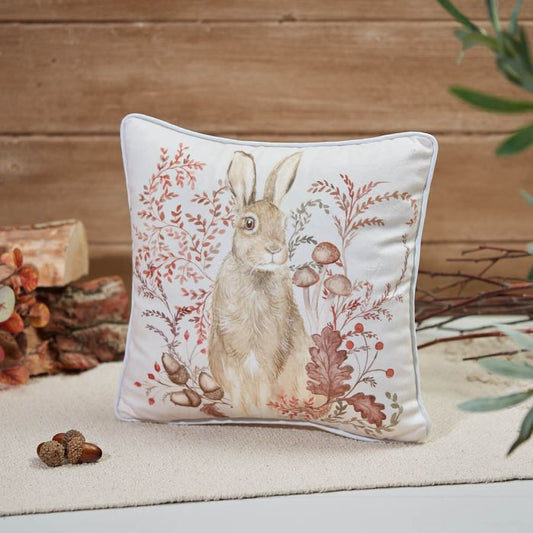 WOODLAND HARE CUSHION WHITE VELOUR FABRIC WITH ACORNS