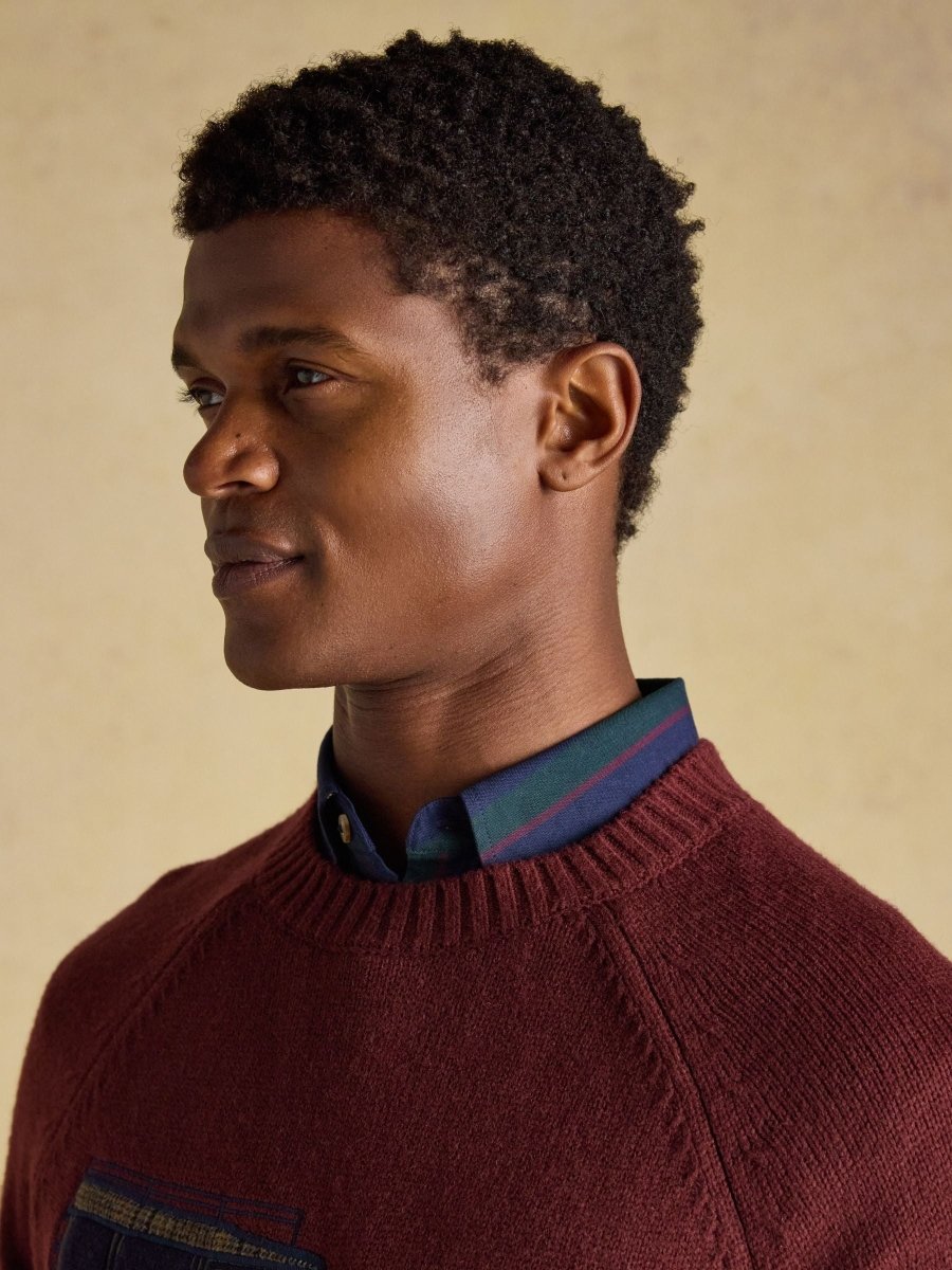 4x4 Burgundy Red Intarsia Crew Neck Jumper - RUTHERFORD & Co