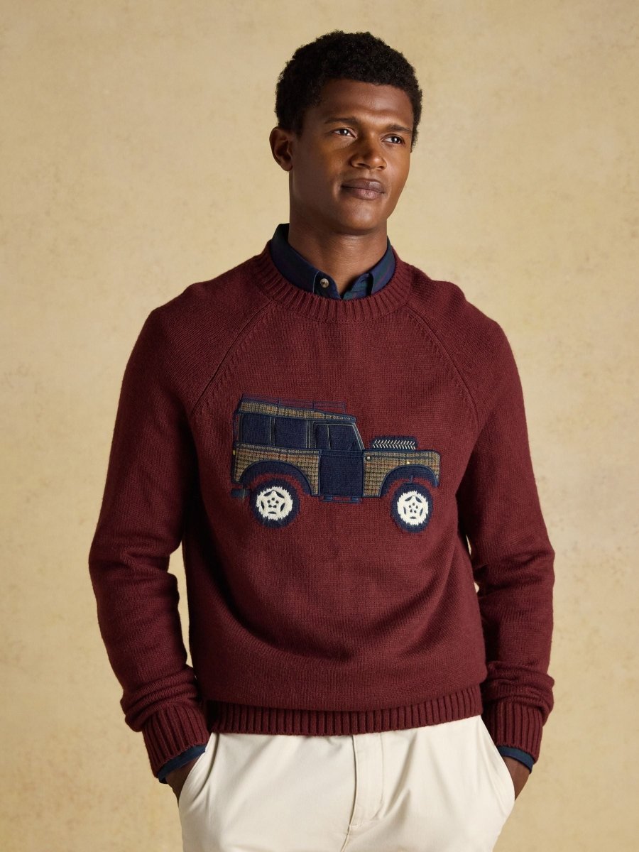 4x4 Burgundy Red Intarsia Crew Neck Jumper - RUTHERFORD & Co