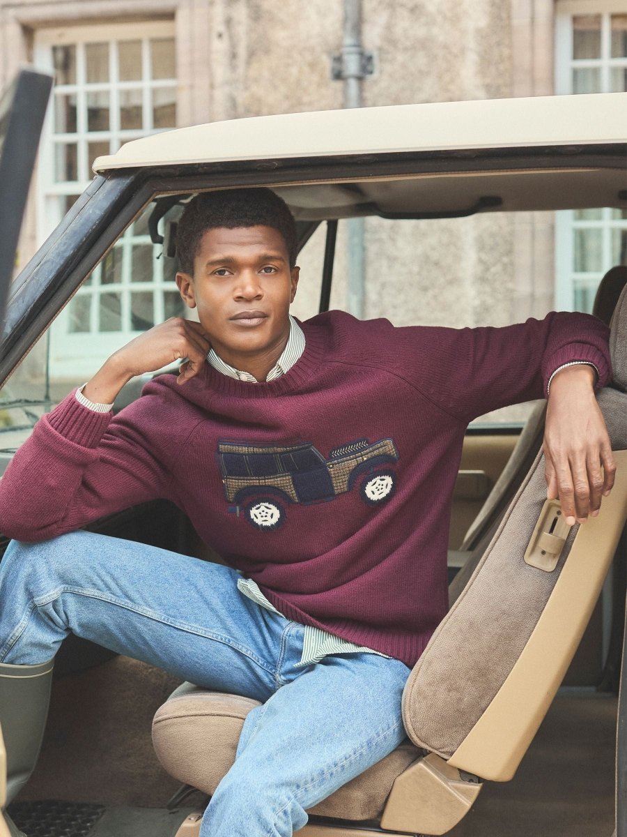 4x4 Burgundy Red Intarsia Crew Neck Jumper - RUTHERFORD & Co