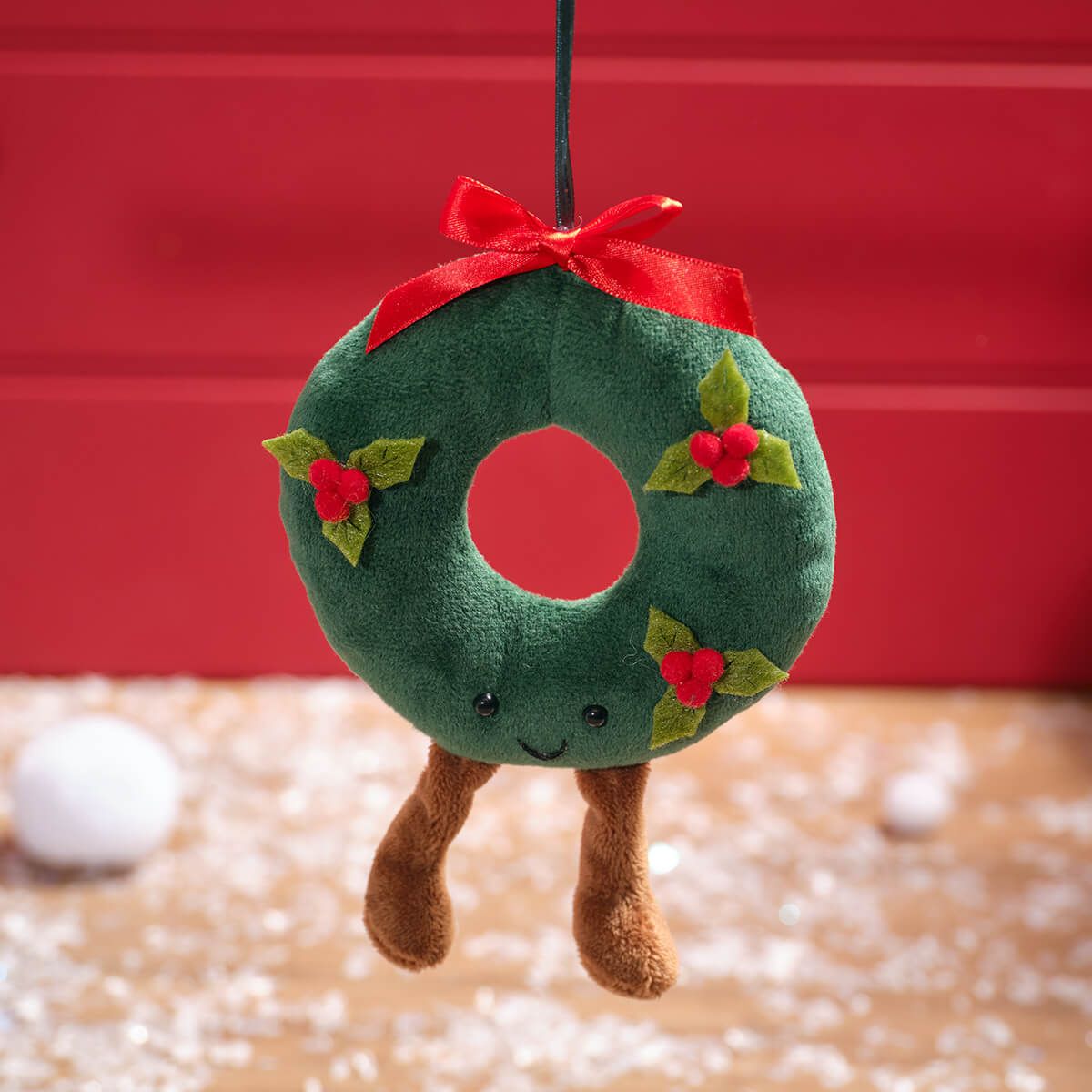Festive Fun Polyester Novelty Wreath Hanger with Red Bow and Holly