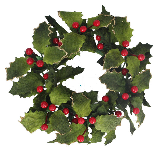 Green Holly/Berries Velvet Candle Ring (18cm)