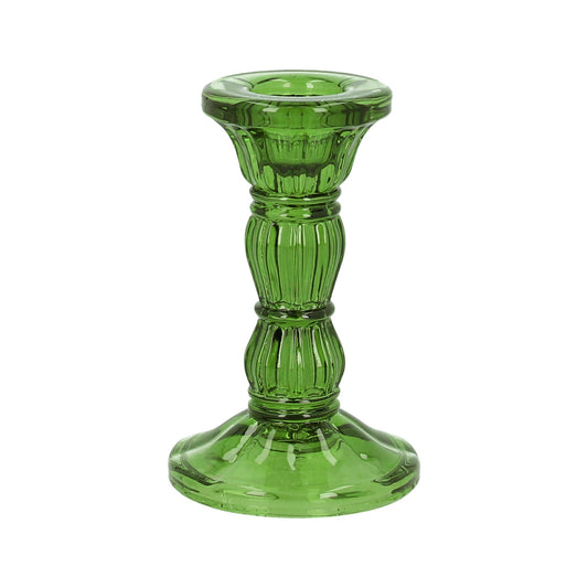 Glass Candlestick - Green Moulded Small