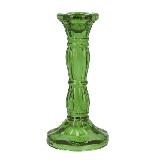Glass Candlestick - Green Moulded Medium