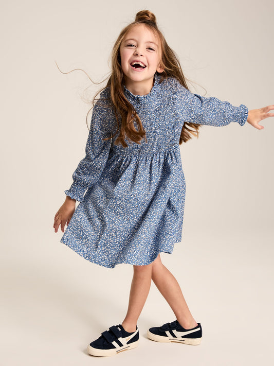 Gracie Blue Shirred Printed Dress