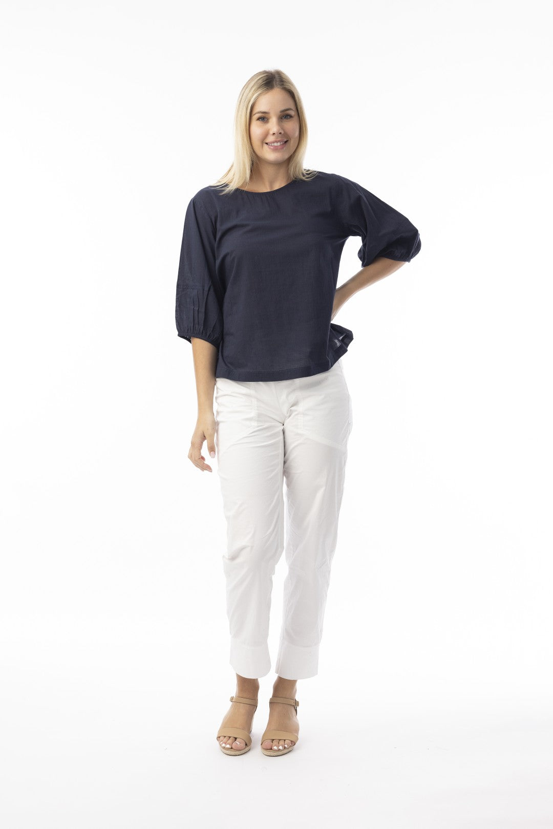 Cotton Slub Essentials Puff Sleeve Top Navy