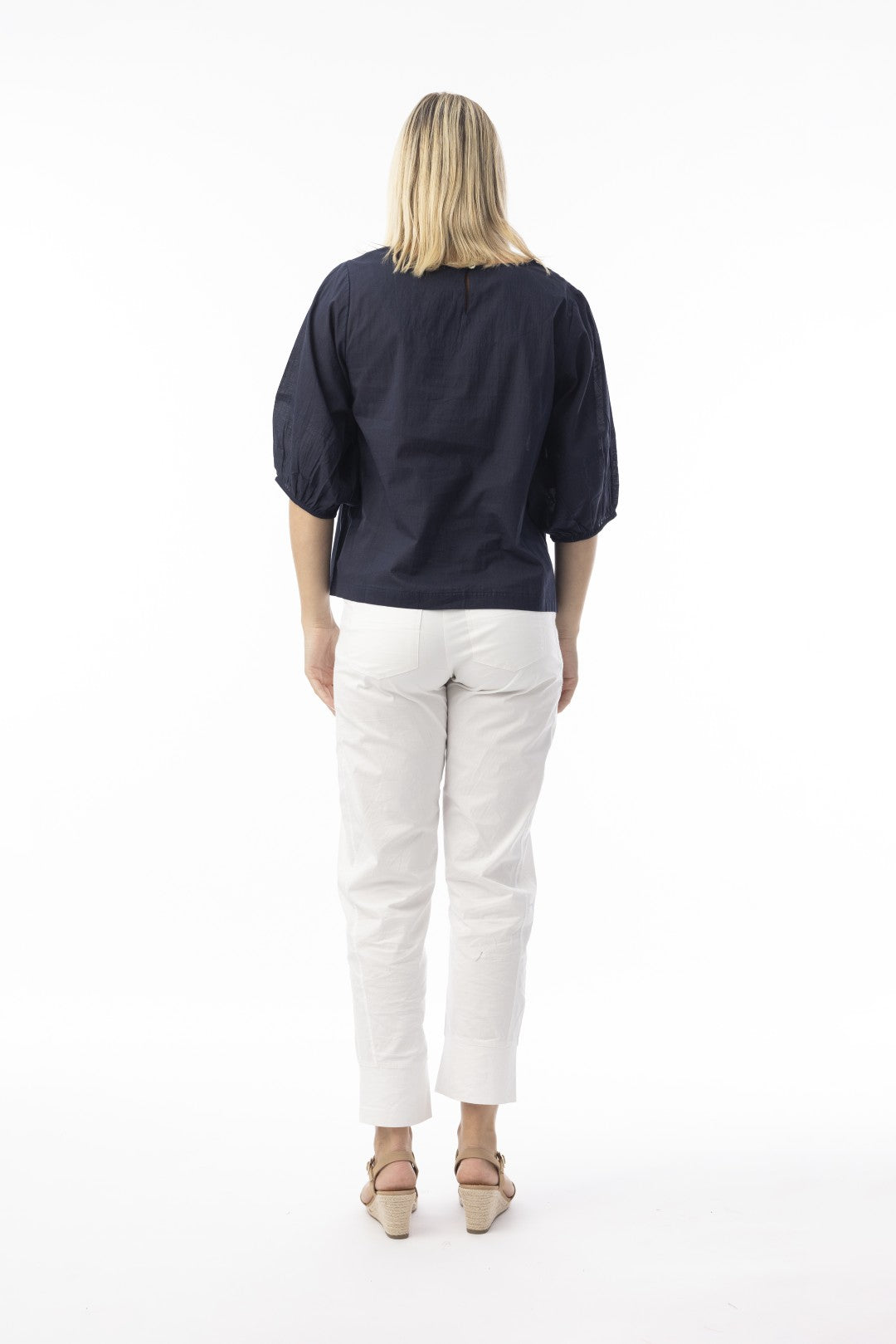 Cotton Slub Essentials Puff Sleeve Top Navy