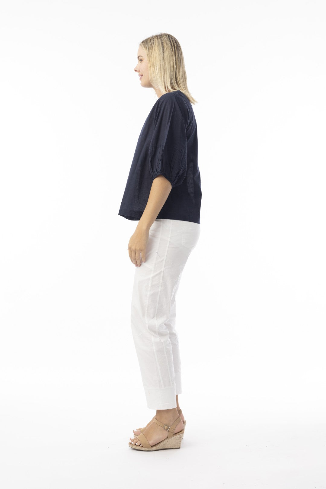 Cotton Slub Essentials Puff Sleeve Top Navy