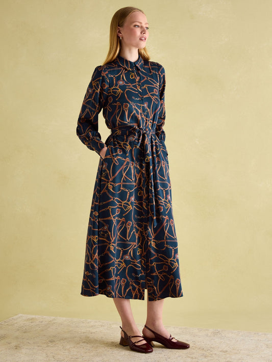 Penelope Navy Bridle Print Satin Shirt Dress