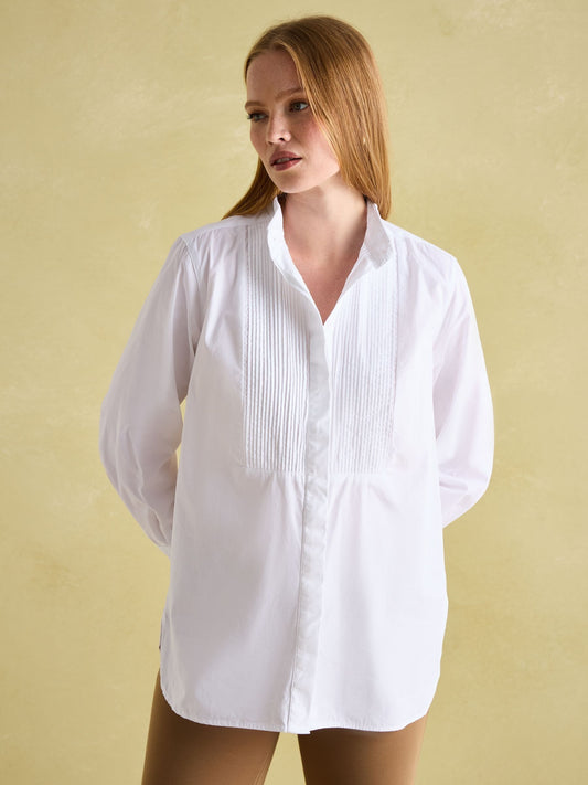 Adeline White Pleated Tuxedo-Style Shirt