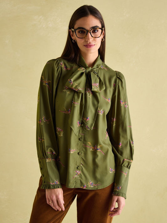 Everly Khaki Green Tie Neck Blouse