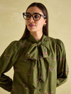 Everly Khaki Green Tie Neck Blouse