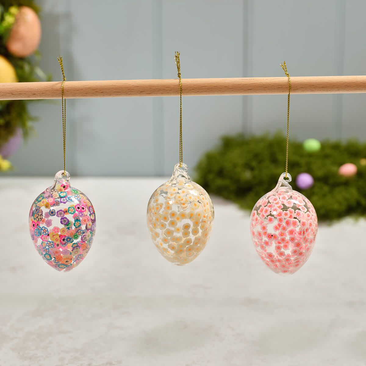 Bunny Hops Floral Glass Hanging Egg