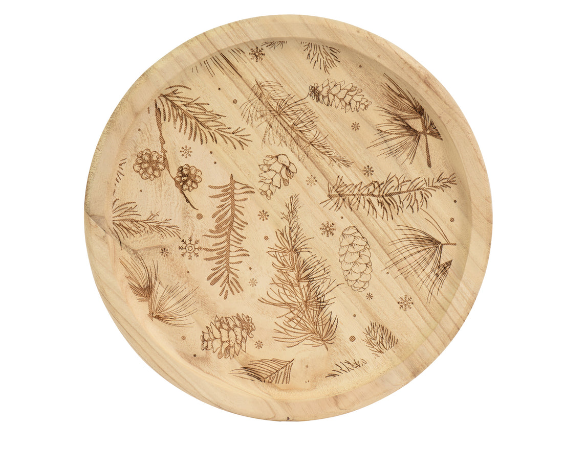 Decoris Deco Plate Round Paulownia Wood 35 cm Leaf Carved