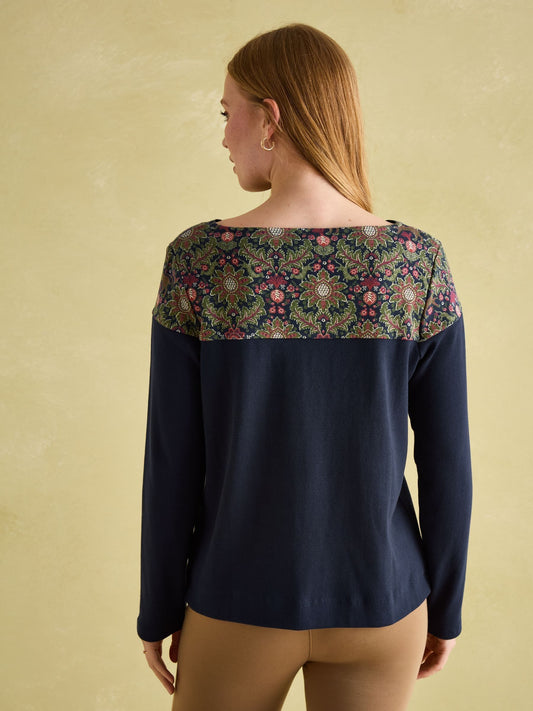 New Harbour Navy Damask Boat Neck Breton Top