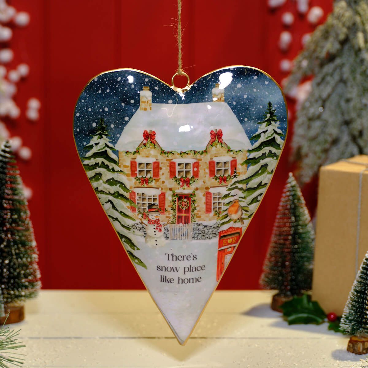 Christmas Cottage Snow Place Like Home Metal Heart Hanger