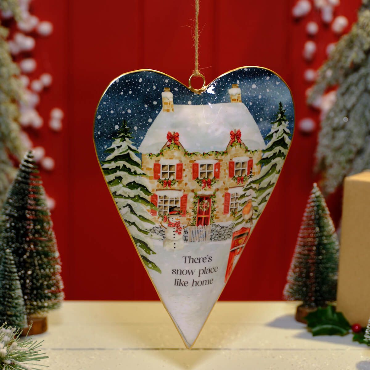 Christmas Cottage Snow Place Like Home Metal Heart Hanger