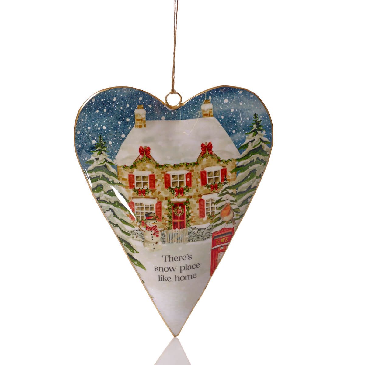 Christmas Cottage Snow Place Like Home Metal Heart Hanger