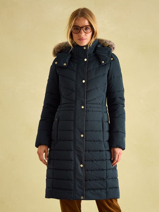 Cherington  Navy Showerproof Longline Padded Coat with Faux Fur Hood