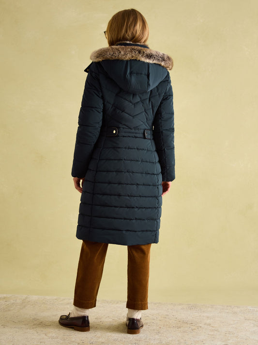 Cherington  Navy Showerproof Longline Padded Coat with Faux Fur Hood