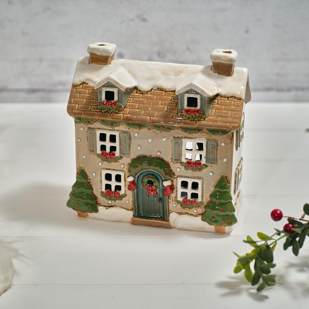 Holly Cottage Stoneware House With Dormer Windows Candle Holder