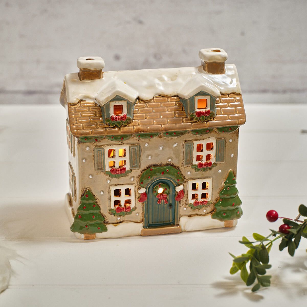 Holly Cottage Stoneware House With Dormer Windows Candle Holder