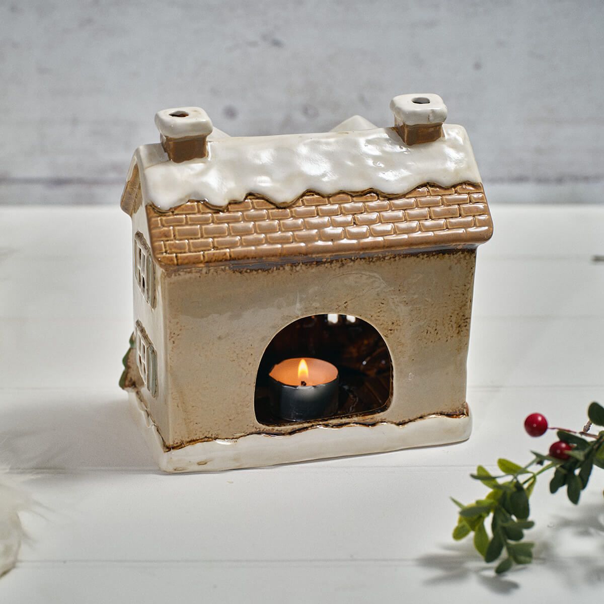 Holly Cottage Stoneware House With Dormer Windows Candle Holder