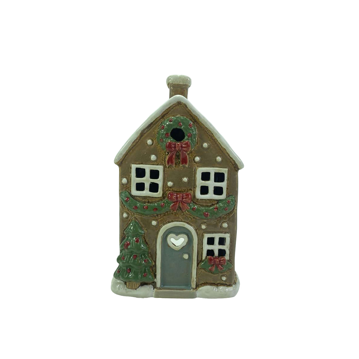 Holly Cottage Stoneware House With Wreath And Bows Candle Holder