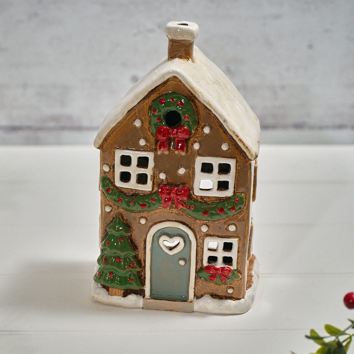 Holly Cottage Stoneware House With Wreath And Bows Candle Holder
