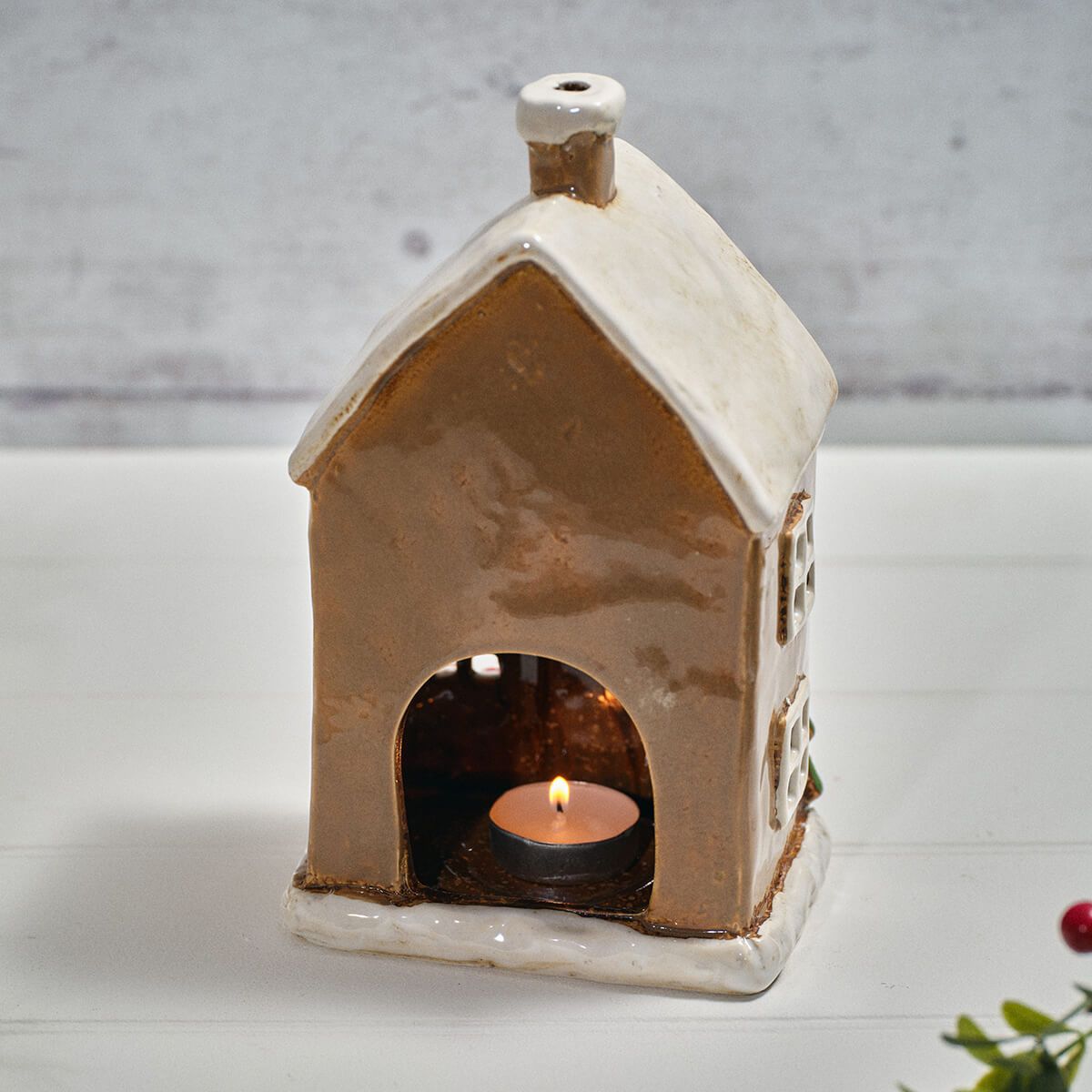 Holly Cottage Stoneware House With Wreath And Bows Candle Holder