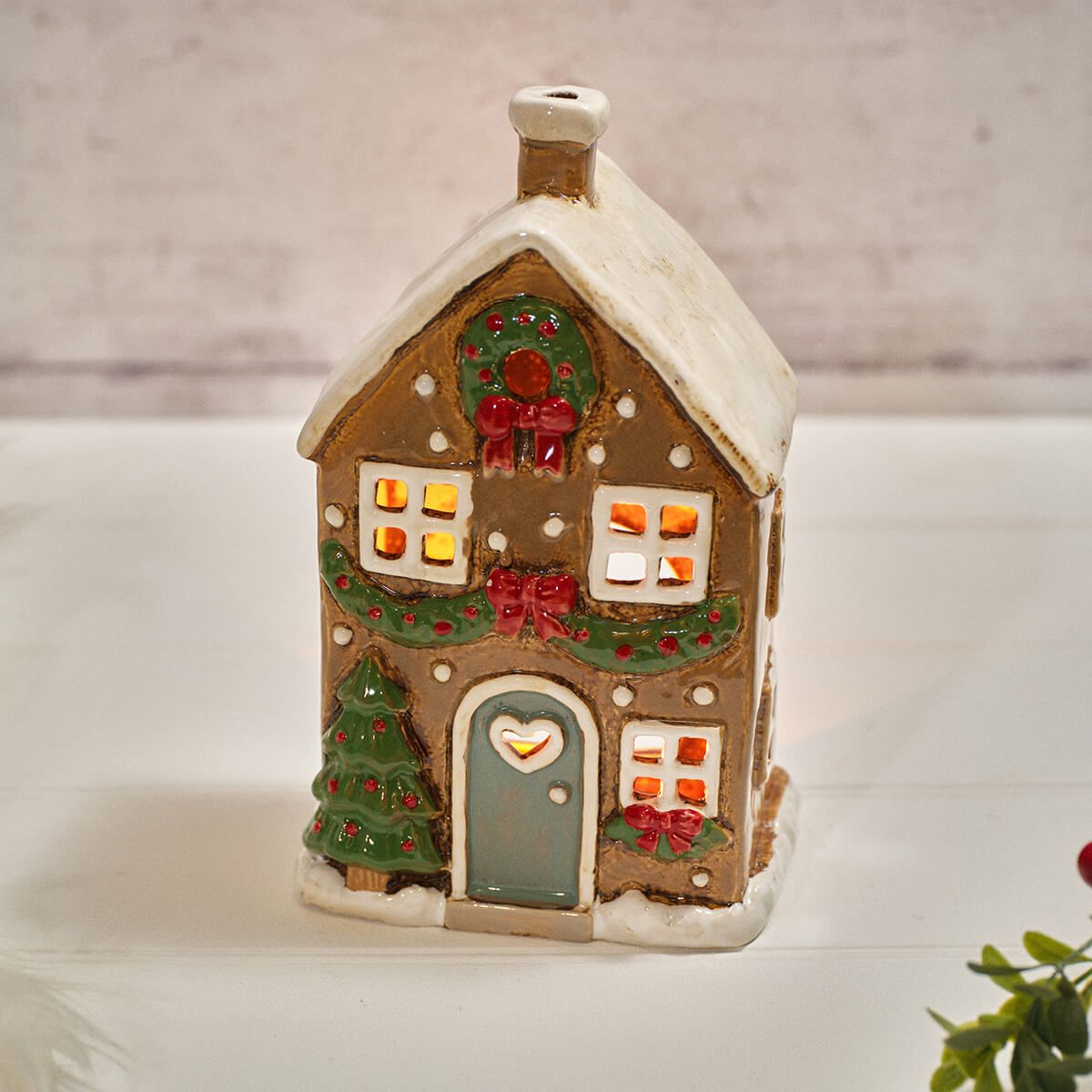 Holly Cottage Stoneware House With Wreath And Bows Candle Holder