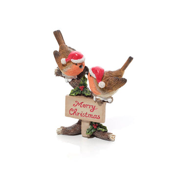 Robin Pair On Tree Stump With Merry Christmas Sign Resin Ornament