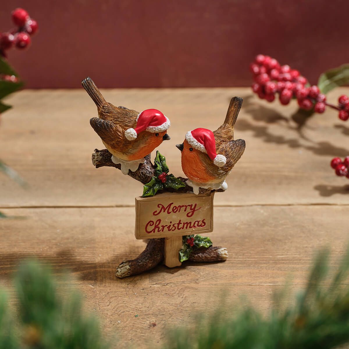 Robin Pair On Tree Stump With Merry Christmas Sign Resin Ornament