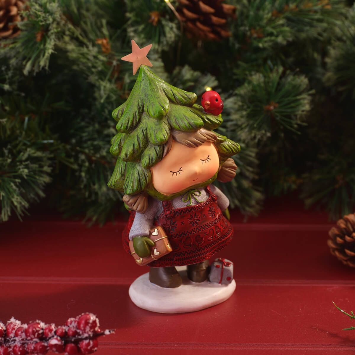 Woodland Noel Standing Resin Girl In Dress With Christmas Tree Hat Ornament