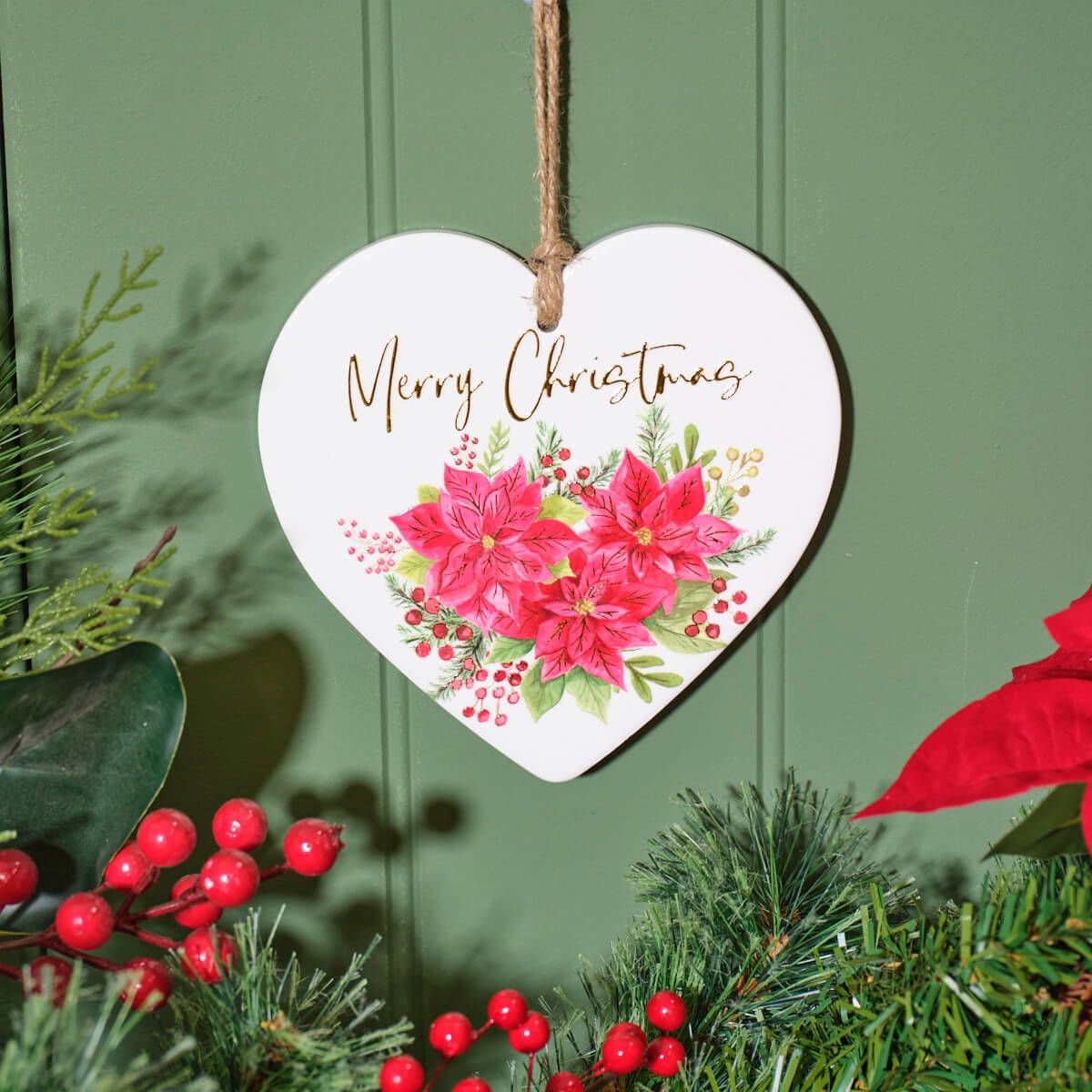Poinsettia Merry Christmas Raised Design Ceramic Hanger With Gold Detail