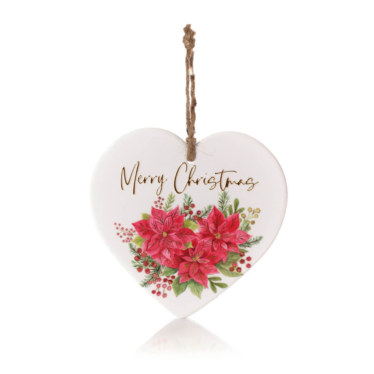 Poinsettia Merry Christmas Raised Design Ceramic Hanger With Gold Detail