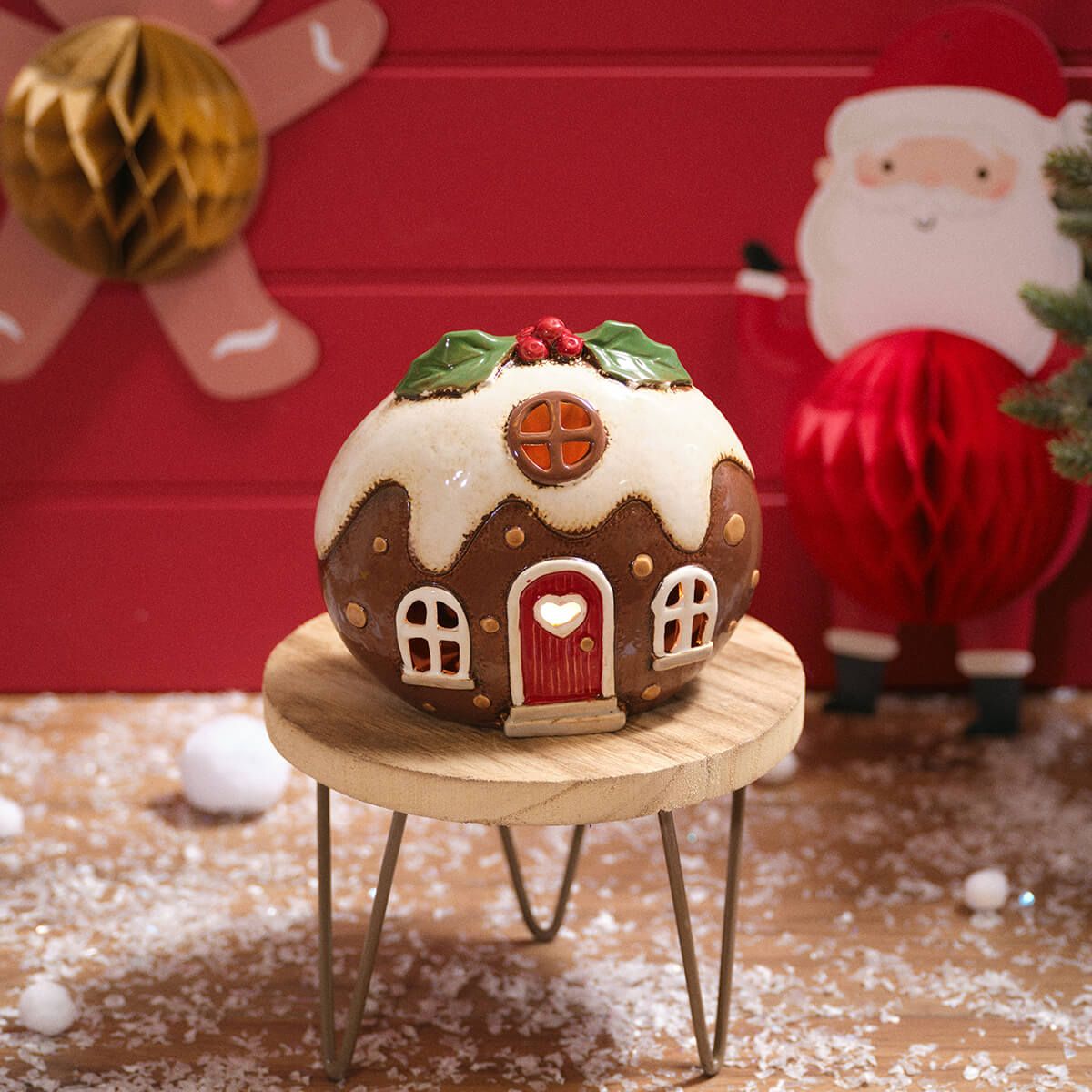 Festive Fun Stoneware Pudding House Candle Holder
