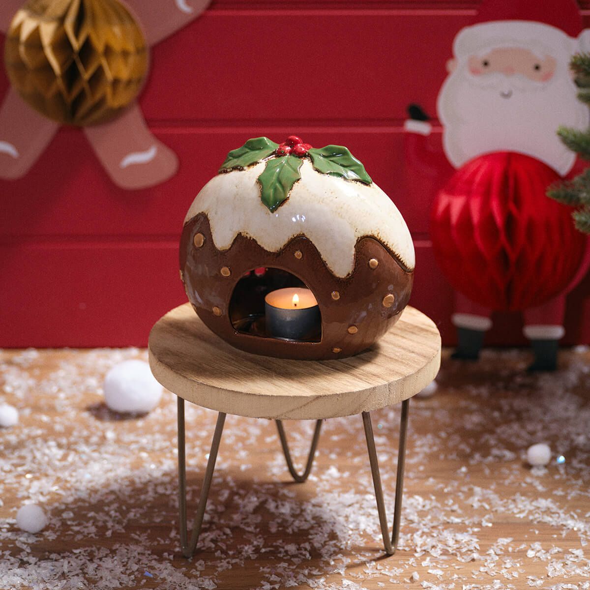 Festive Fun Stoneware Pudding House Candle Holder