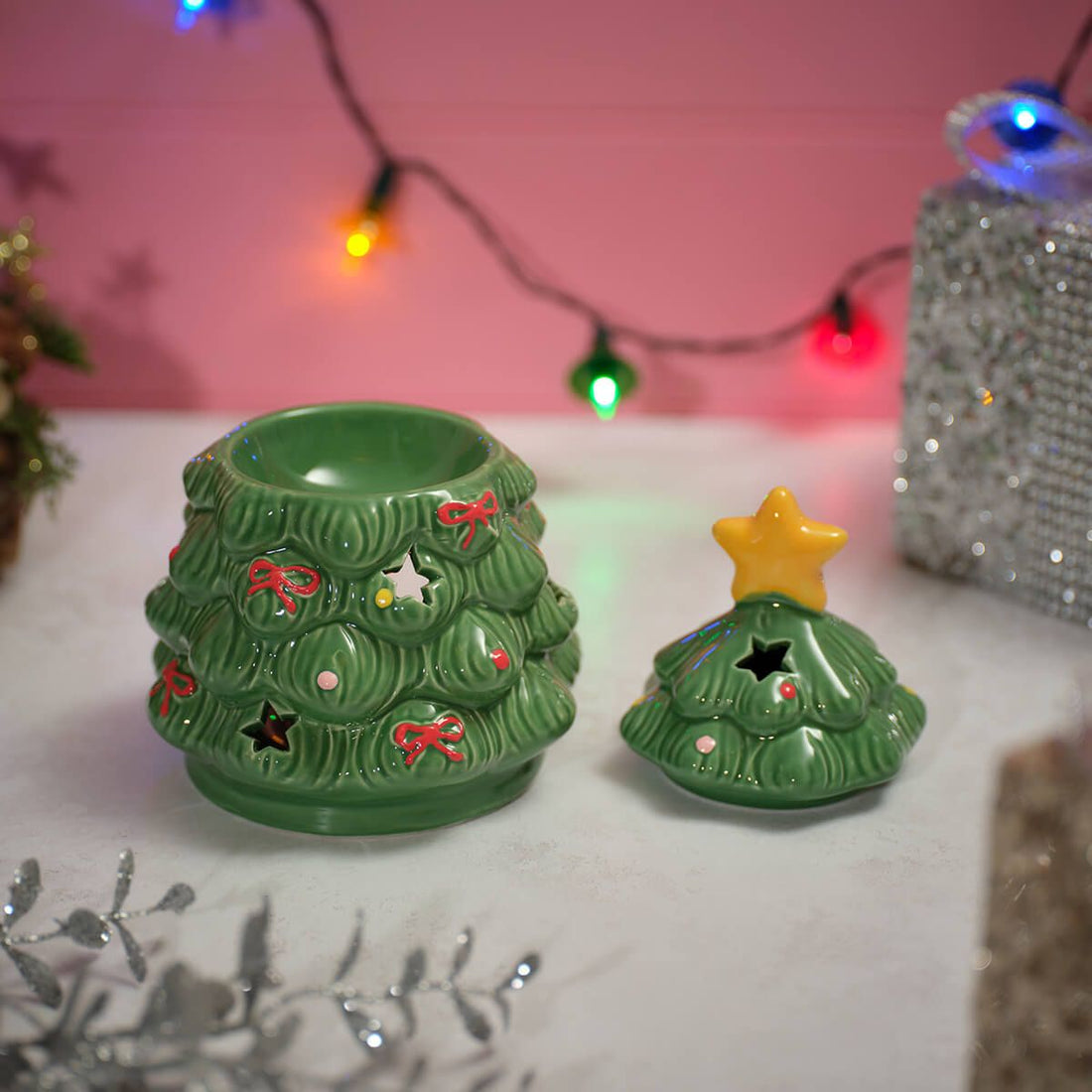 Kitschmas Boxed Christmas Tree Shaped Ceramic Wax Melt Burner With Lid