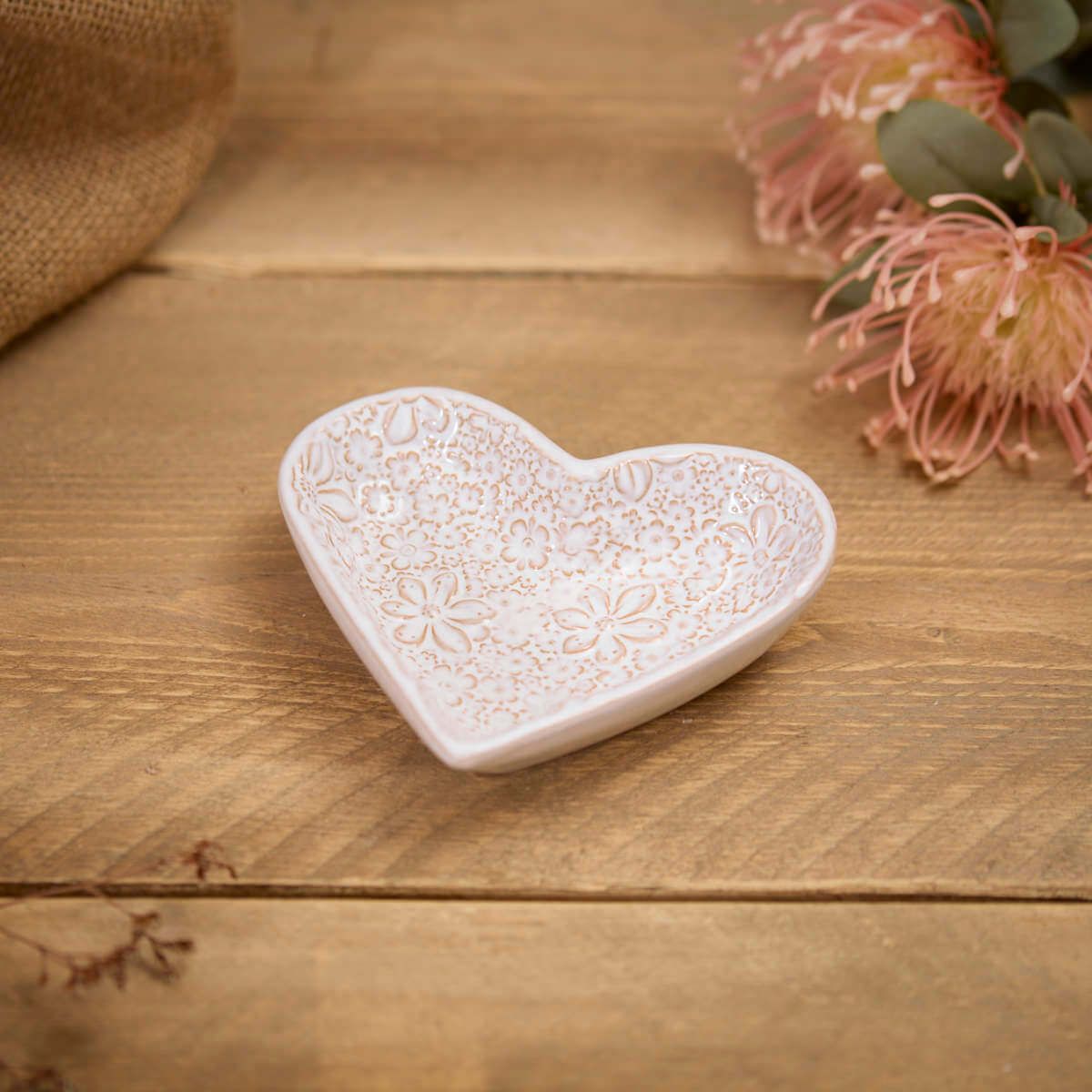 Stoneware White Small Embossed Flower Heart Dish Reactive Glaze
