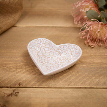 Stoneware White Small Embossed Flower Heart Dish Reactive Glaze