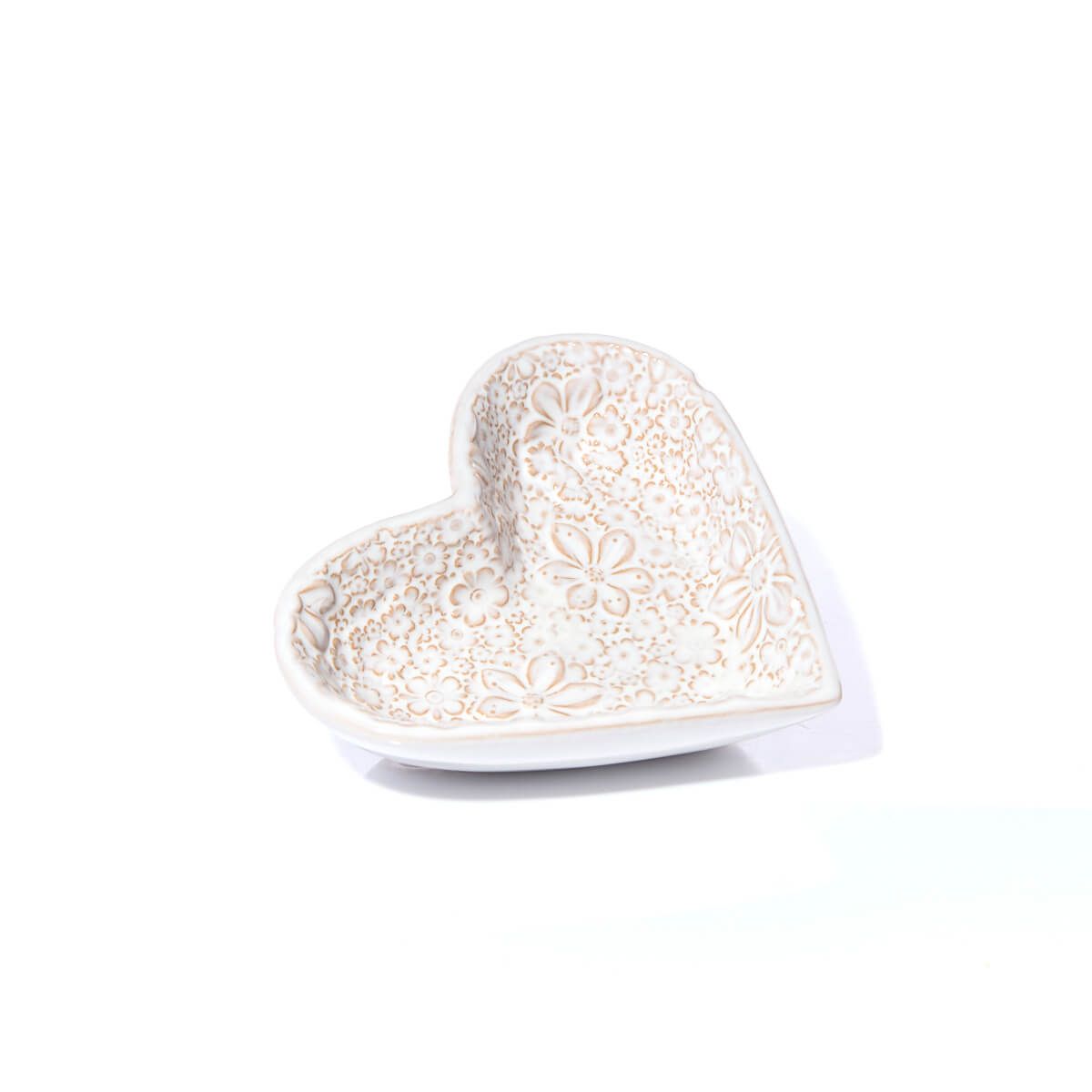 Stoneware White Small Embossed Flower Heart Dish Reactive Glaze