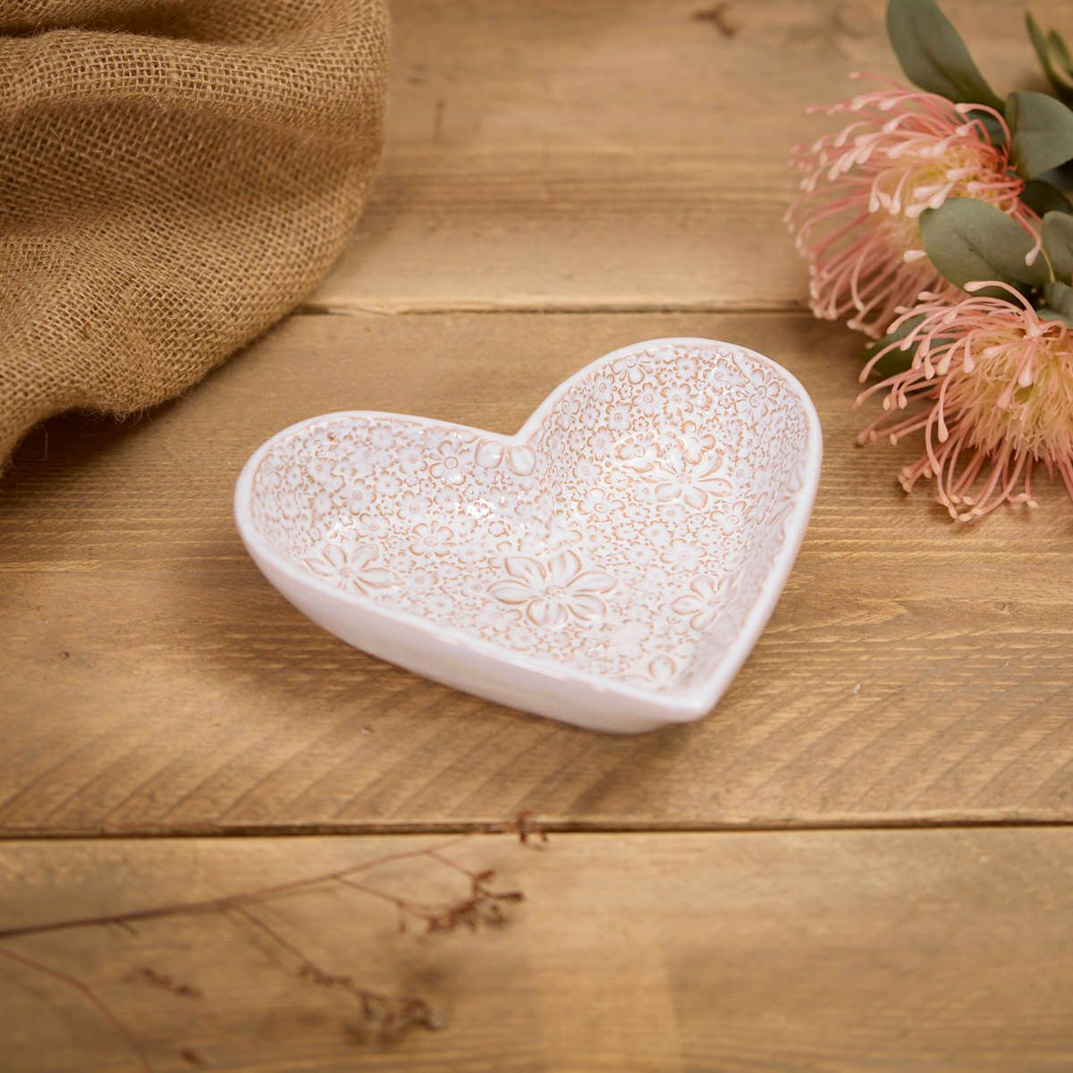 Stoneware White Large Embossed Flower Heart Dish Reactive Glaze