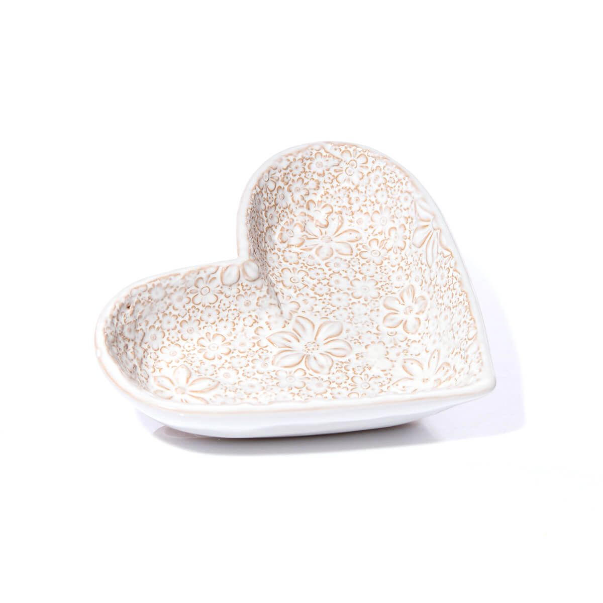 Stoneware White Large Embossed Flower Heart Dish Reactive Glaze