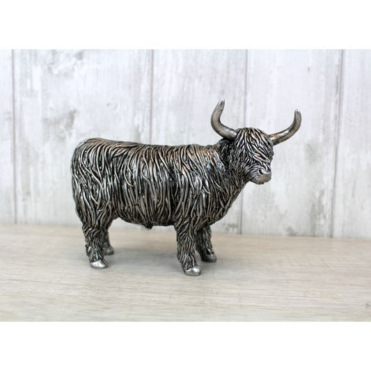 HIGHLAND COW ORNAMENT SILVER TEXTURED RESIN