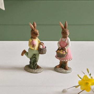 Meadow Fields Polyresin Mr and Mrs Dressed Rabbit with Basket Ornament 2 Asst